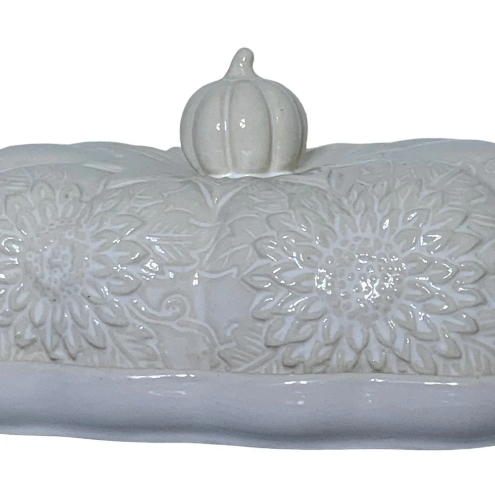 Harvest Covered Butter Dish With Lid Large Ceramic Sunflower Pumpkin White Cream